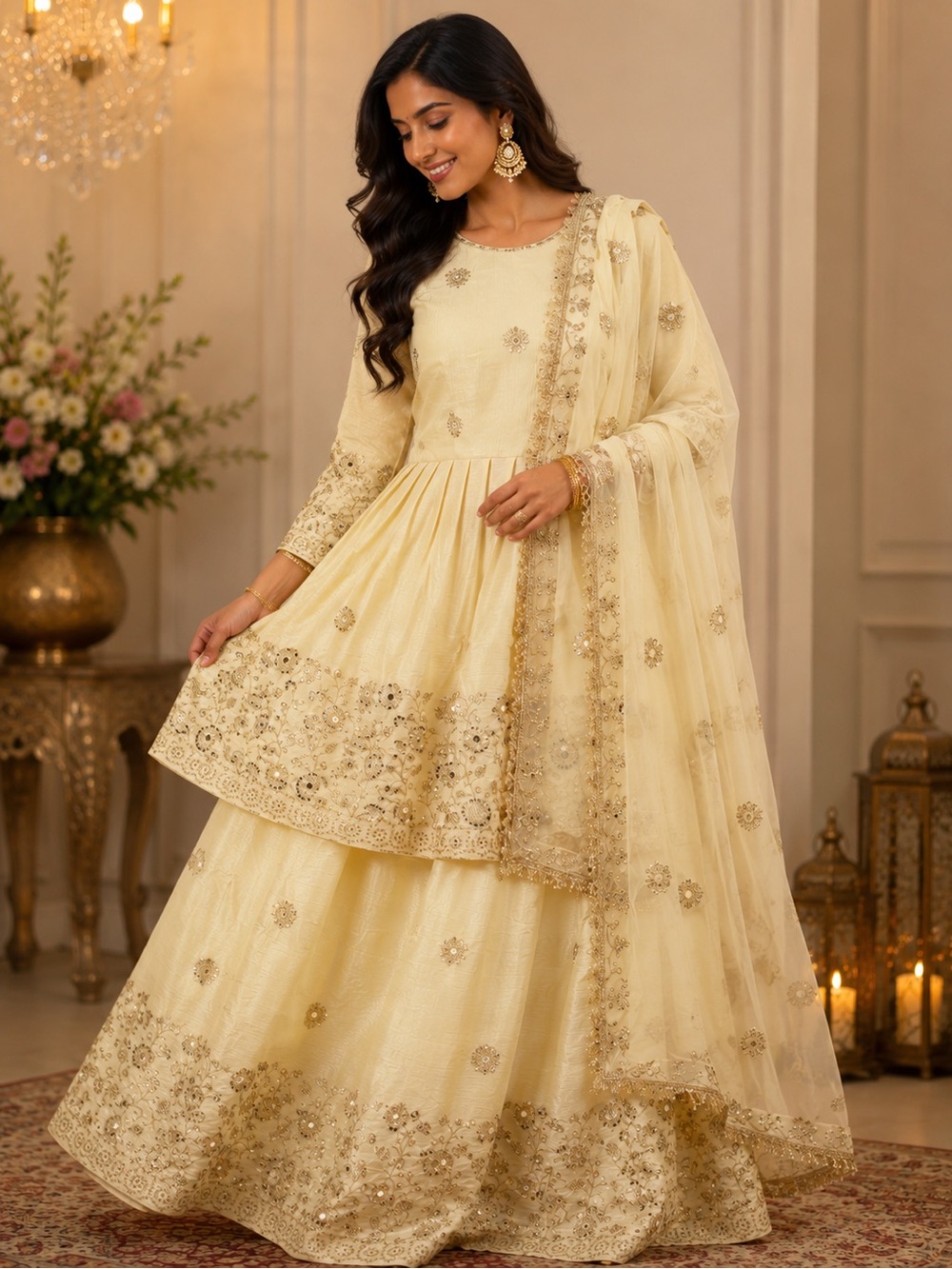 DĚSIGNER PARTY WEAR TOP AND LEHANGA WITH FANCY DUPPATA WITH EMBROIDERY
M(38”)